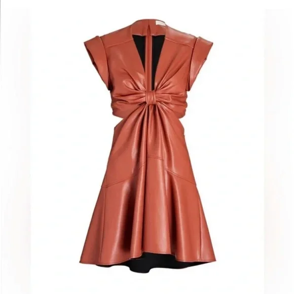 A.L.C Lexi orange or brown vegan leather v neck cutout mini dress - Picture 5 of 12